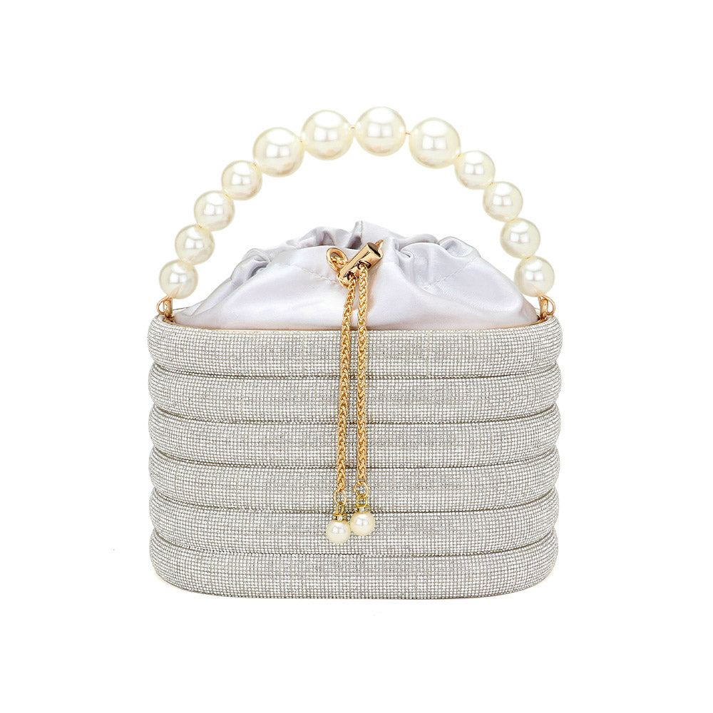 Madeline Love Silver Bling Pearl Top Handle Drawstring Box Crossbody Bag - Bags & Wallets - desc