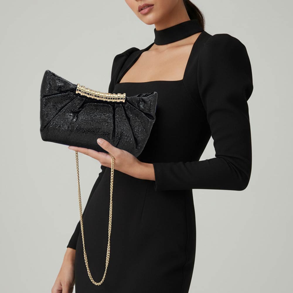 Madeline Love Black Pleated Metallic Sparkle Evening Clutch Crossbody Bag - Bags & Wallets