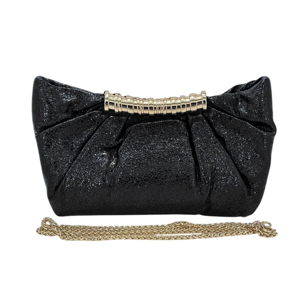 Madeline Love Black Pleated Metallic Sparkle Evening Clutch Crossbody Bag - Bags & Wallets - extra