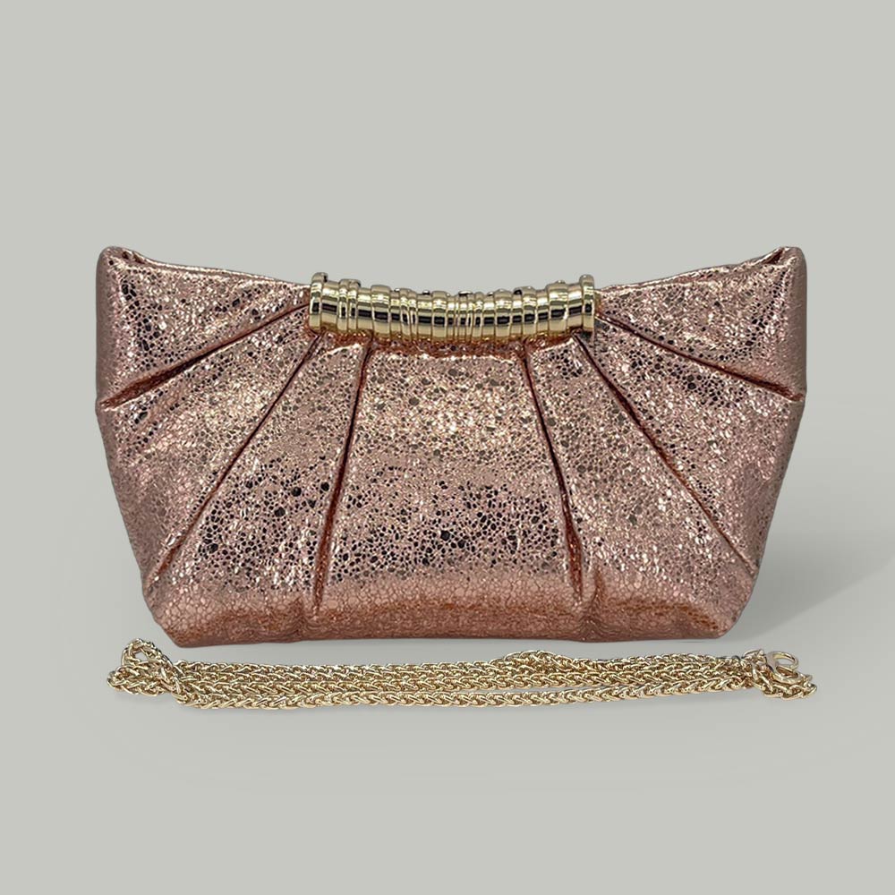 Madeline Love Champagne Pleated Metallic Sparkle Evening Clutch Crossbody Bag - Bags & Wallets - desc