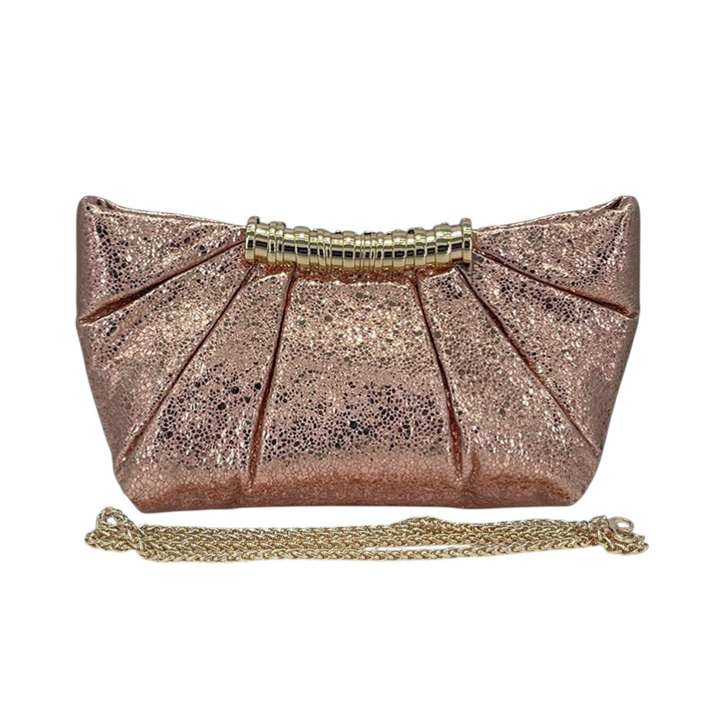 Madeline Love Champagne Pleated Metallic Sparkle Evening Clutch Crossbody Bag - Bags & Wallets - extra