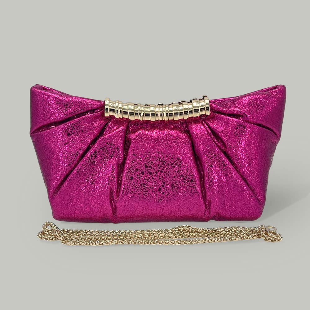 Madeline Love Fuchsia Pleated Metallic Sparkle Evening Clutch Crossbody Bag - Bags & Wallets