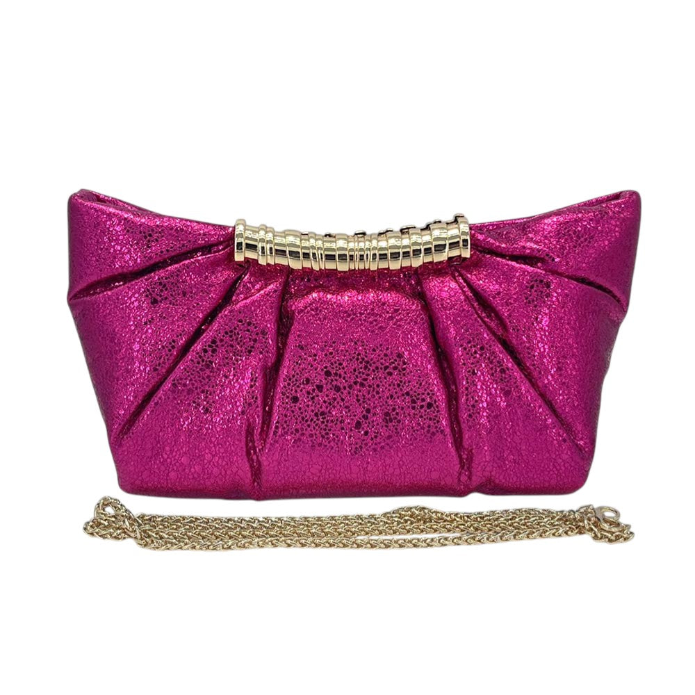 Madeline Love Fuchsia Pleated Metallic Sparkle Evening Clutch Crossbody Bag - Bags & Wallets - desc