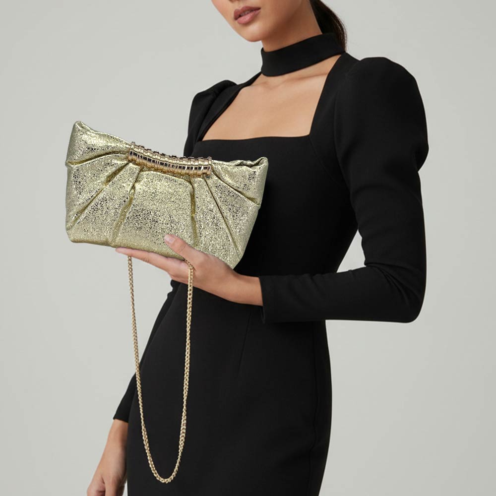 Madeline Love Gold Pleated Metallic Sparkle Evening Clutch Crossbody Bag - Bags & Wallets