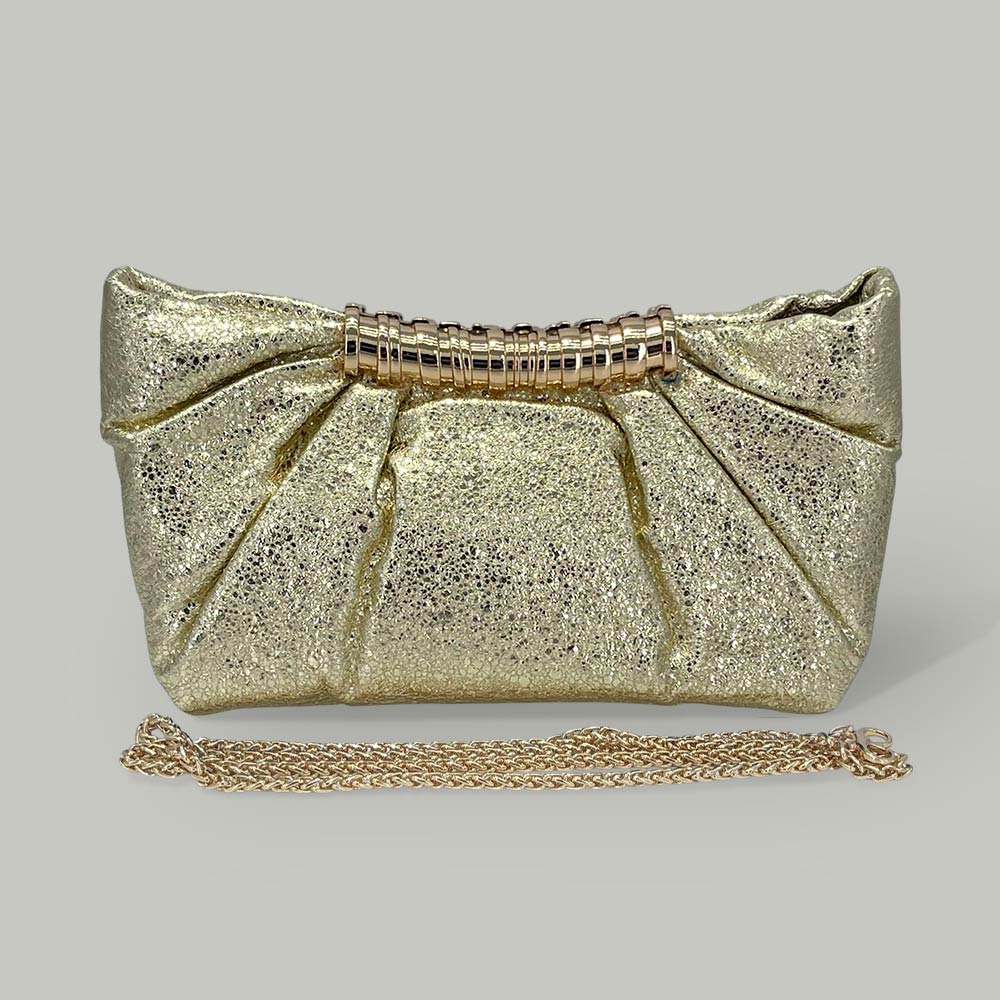 Madeline Love Gold Pleated Metallic Sparkle Evening Clutch Crossbody Bag - Bags & Wallets - desc