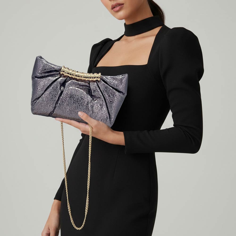 Madeline Love Gray Pleated Metallic Sparkle Evening Clutch Crossbody Bag - Bags & Wallets - extra