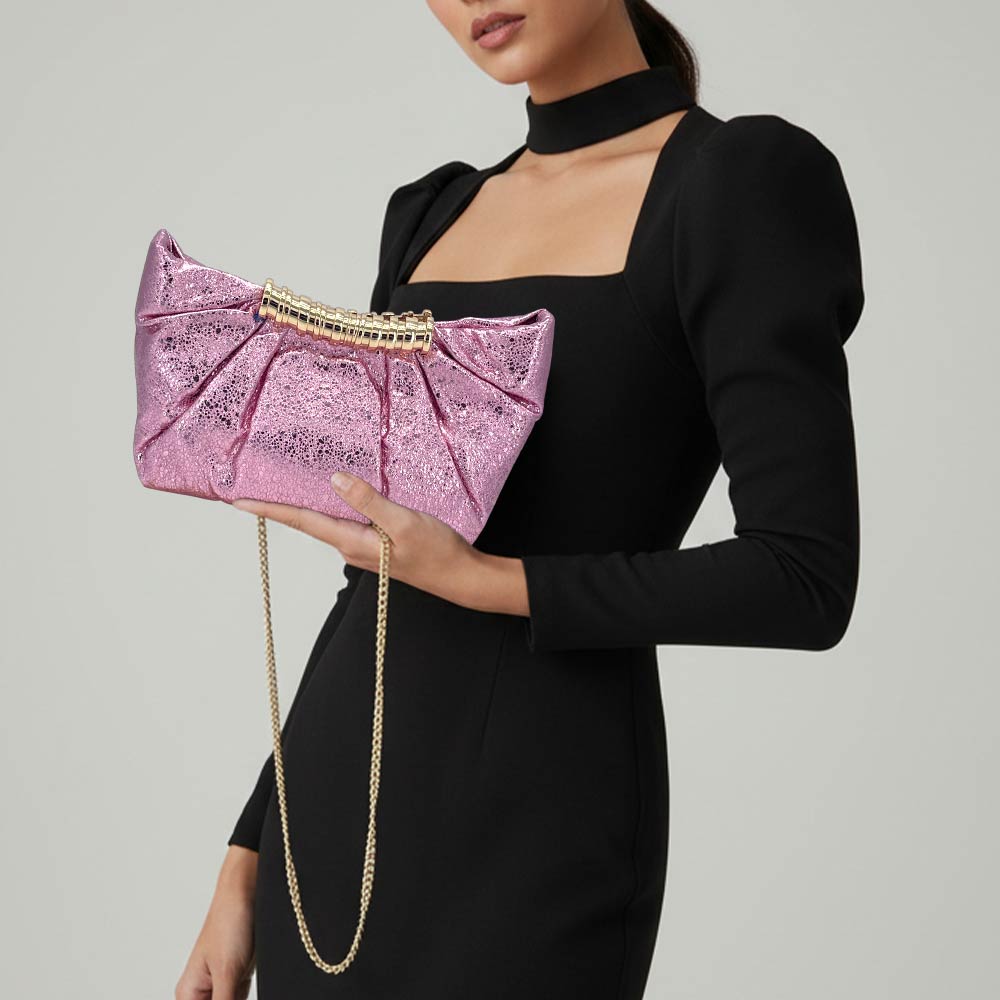 Madeline Love Pink Pleated Metallic Sparkle Evening Clutch Crossbody Bag - Bags & Wallets