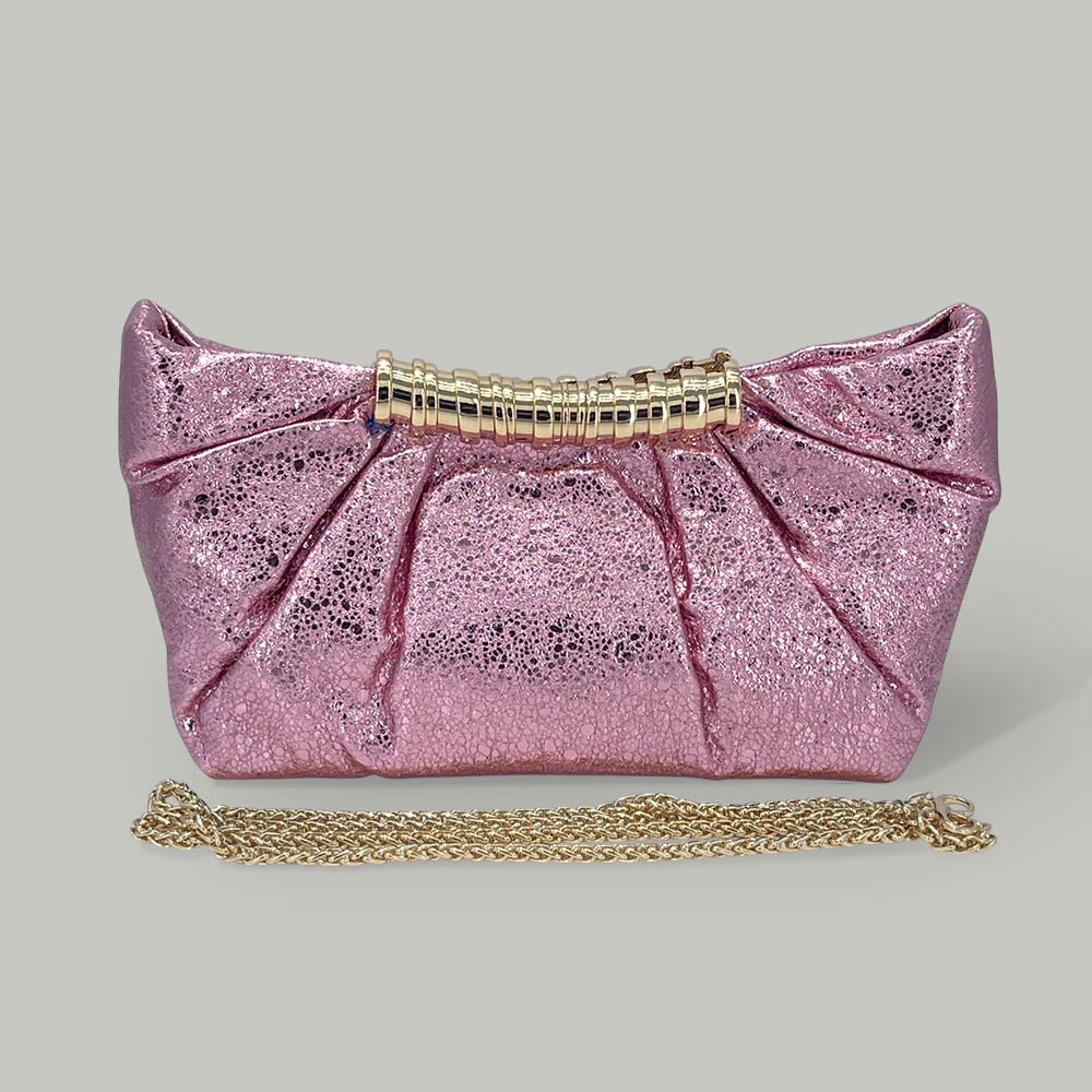 Madeline Love Pink Pleated Metallic Sparkle Evening Clutch Crossbody Bag - Bags & Wallets - desc