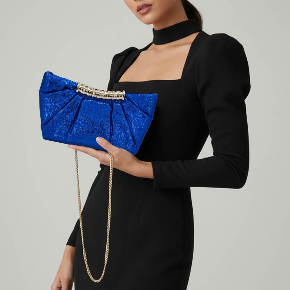 Madeline Love Royal Blue Pleated Metallic Sparkle Evening Clutch Crossbody Bag - Bags & Wallets