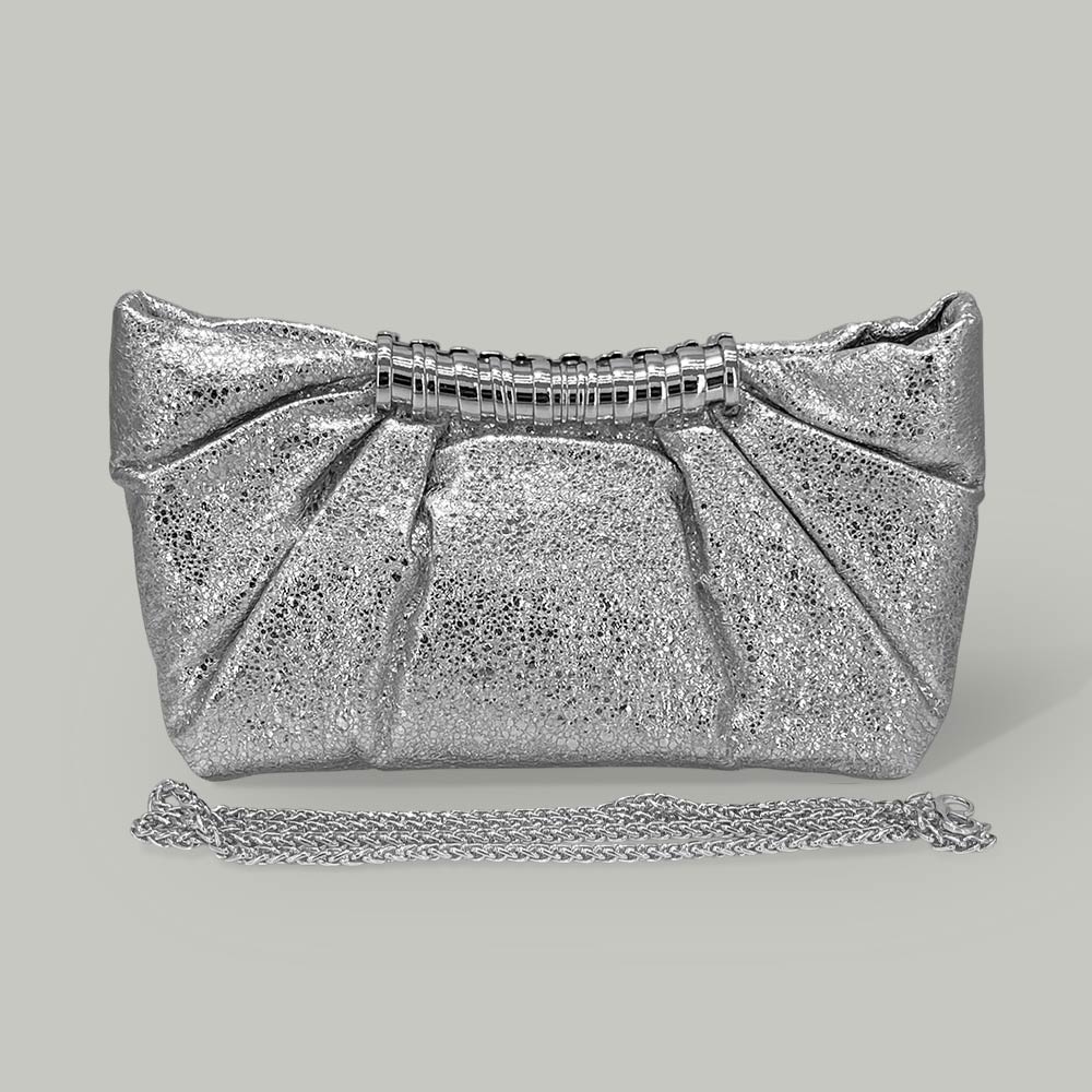 Madeline Love Silver Pleated Metallic Sparkle Evening Clutch Crossbody Bag - Bags & Wallets