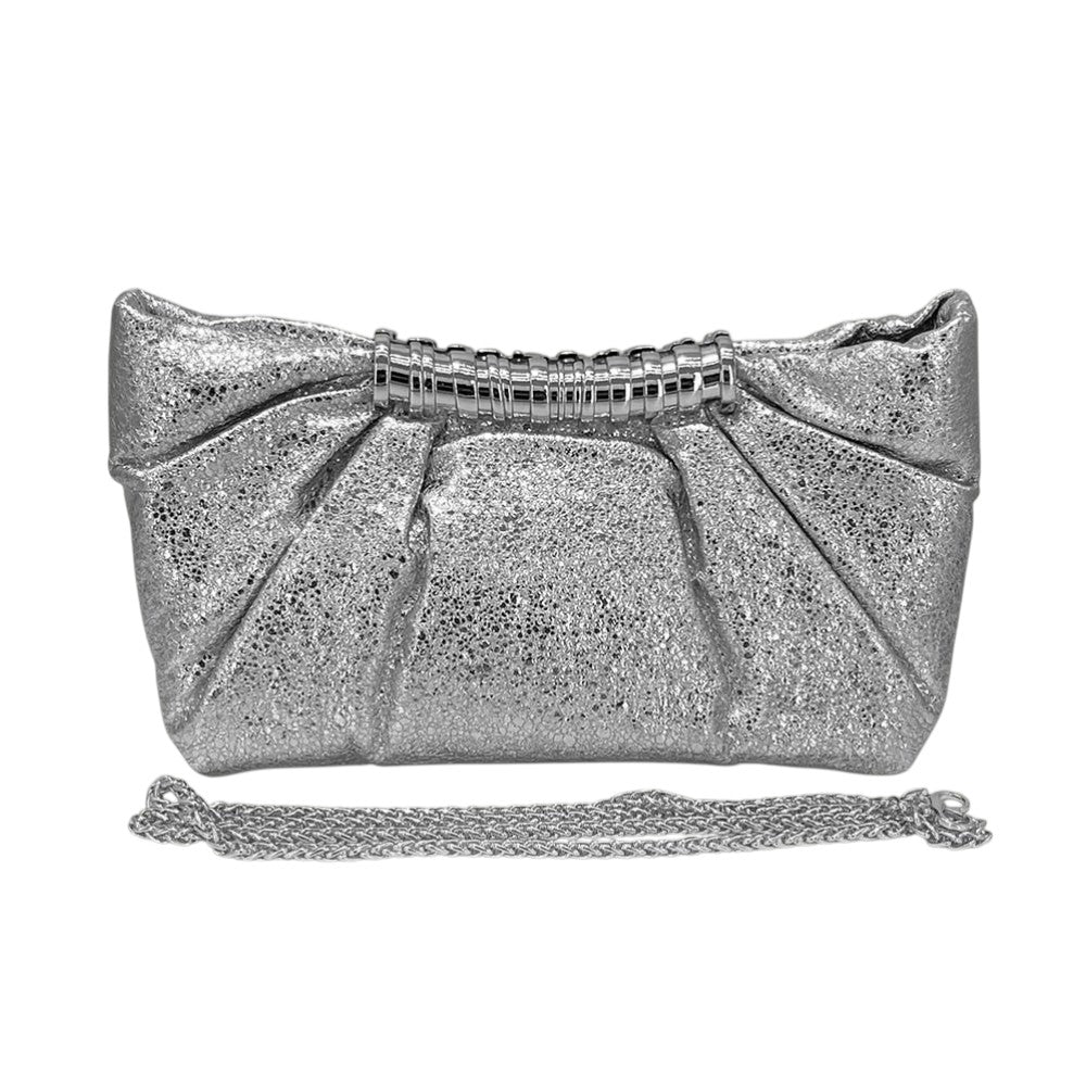 Madeline Love Silver Pleated Metallic Sparkle Evening Clutch Crossbody Bag - Bags & Wallets - desc