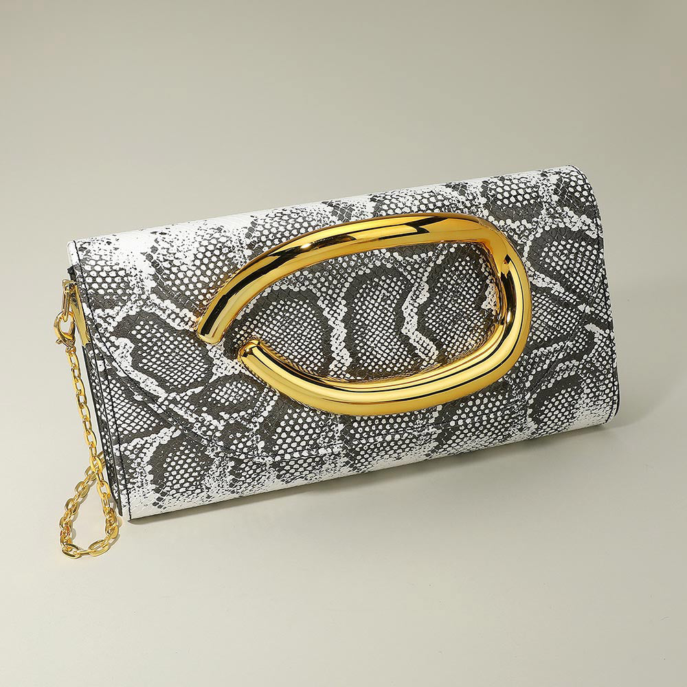 Madeline Love Snake, White Bold Hardware Accent Snake Pattern Faux Leather Evening Clutch Bag Crossbody Bag - Bags & Wallets