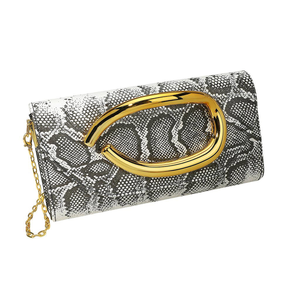 Madeline Love Snake, White Bold Hardware Accent Snake Pattern Faux Leather Evening Clutch Bag Crossbody Bag - Bags & Wallets - desc