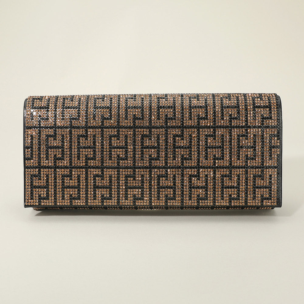 Madeline Love Black, Gold Greek Pattern Bling Evening Clutch Crossbody Bag - Bags & Wallets