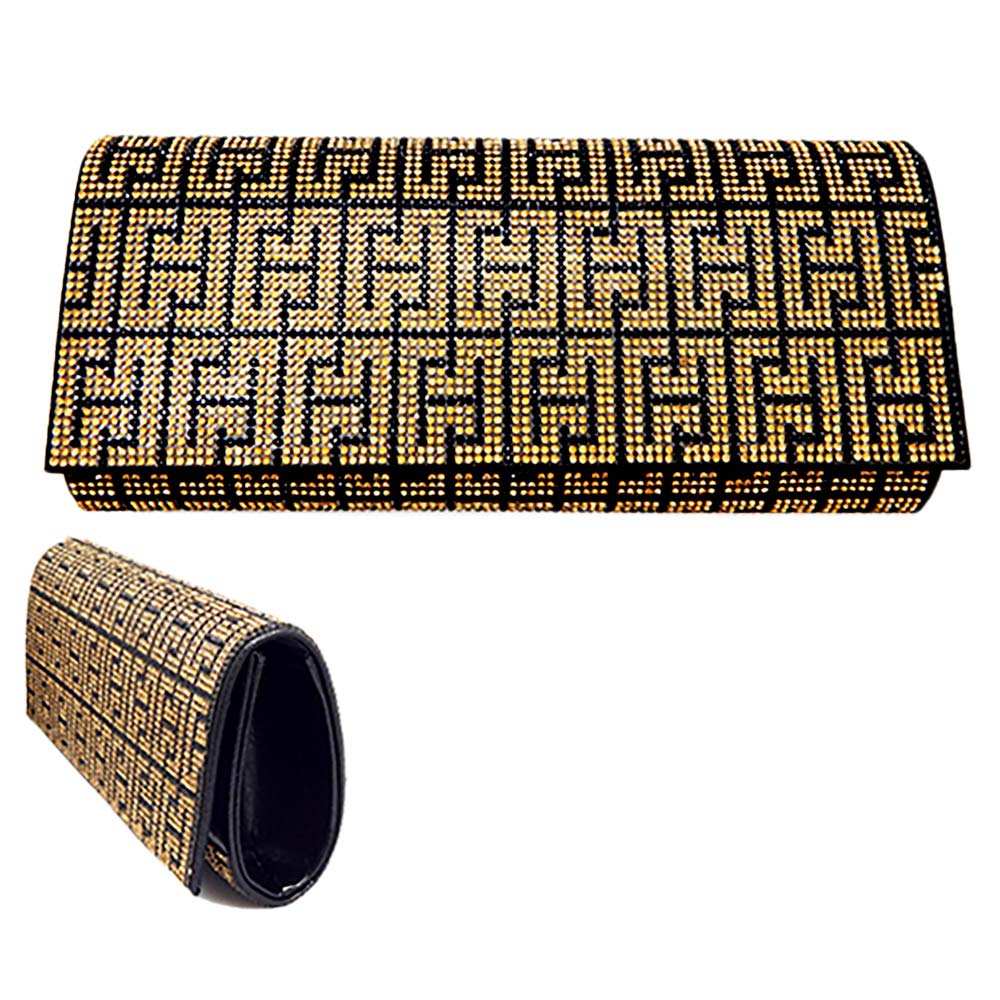 Madeline Love Black, Gold Greek Pattern Bling Evening Clutch Crossbody Bag - Bags & Wallets - extra