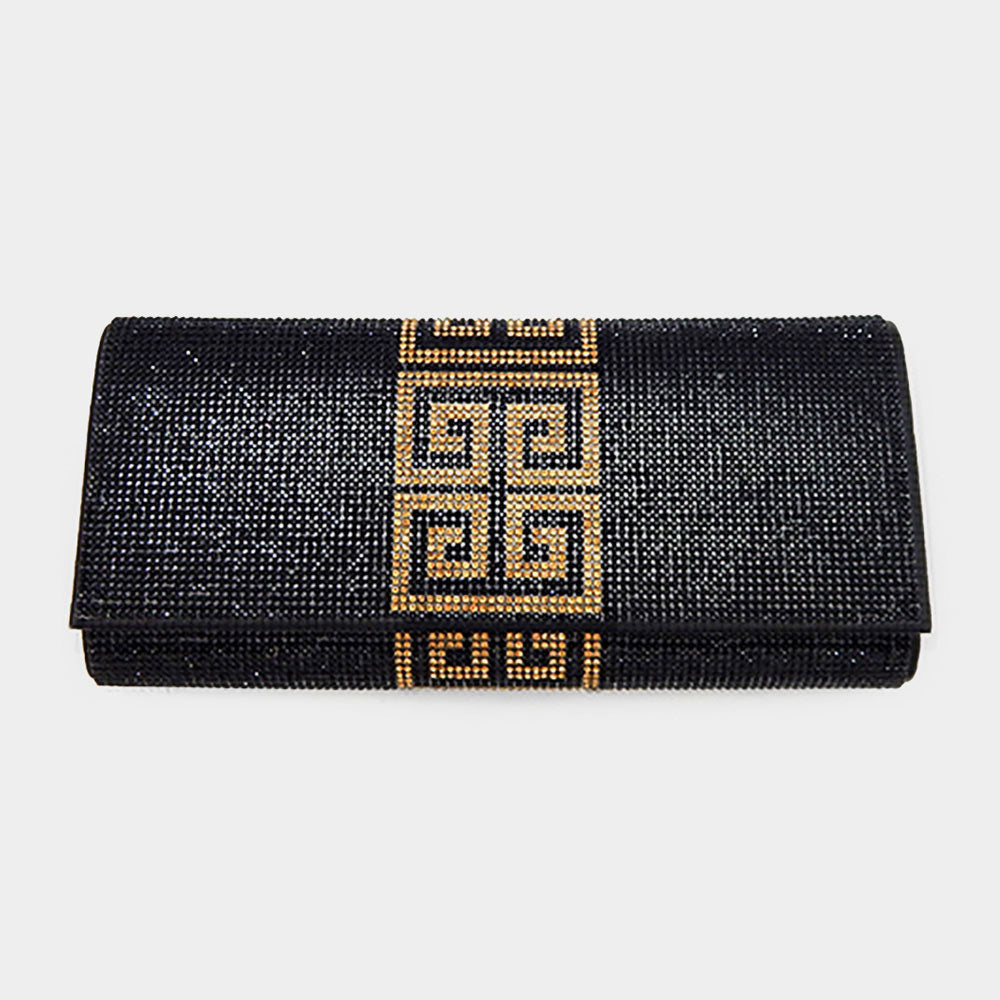Madeline Love Jet Black Greek Pattern Bling Evening Clutch Crossbody Bag - Bags & Wallets