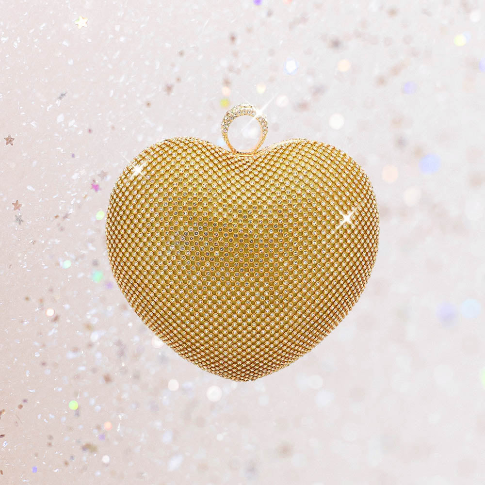 Madeline Love Gold Rhinestone Embellished Heart Evening Clutch Crossbody Bag - Bags & Wallets