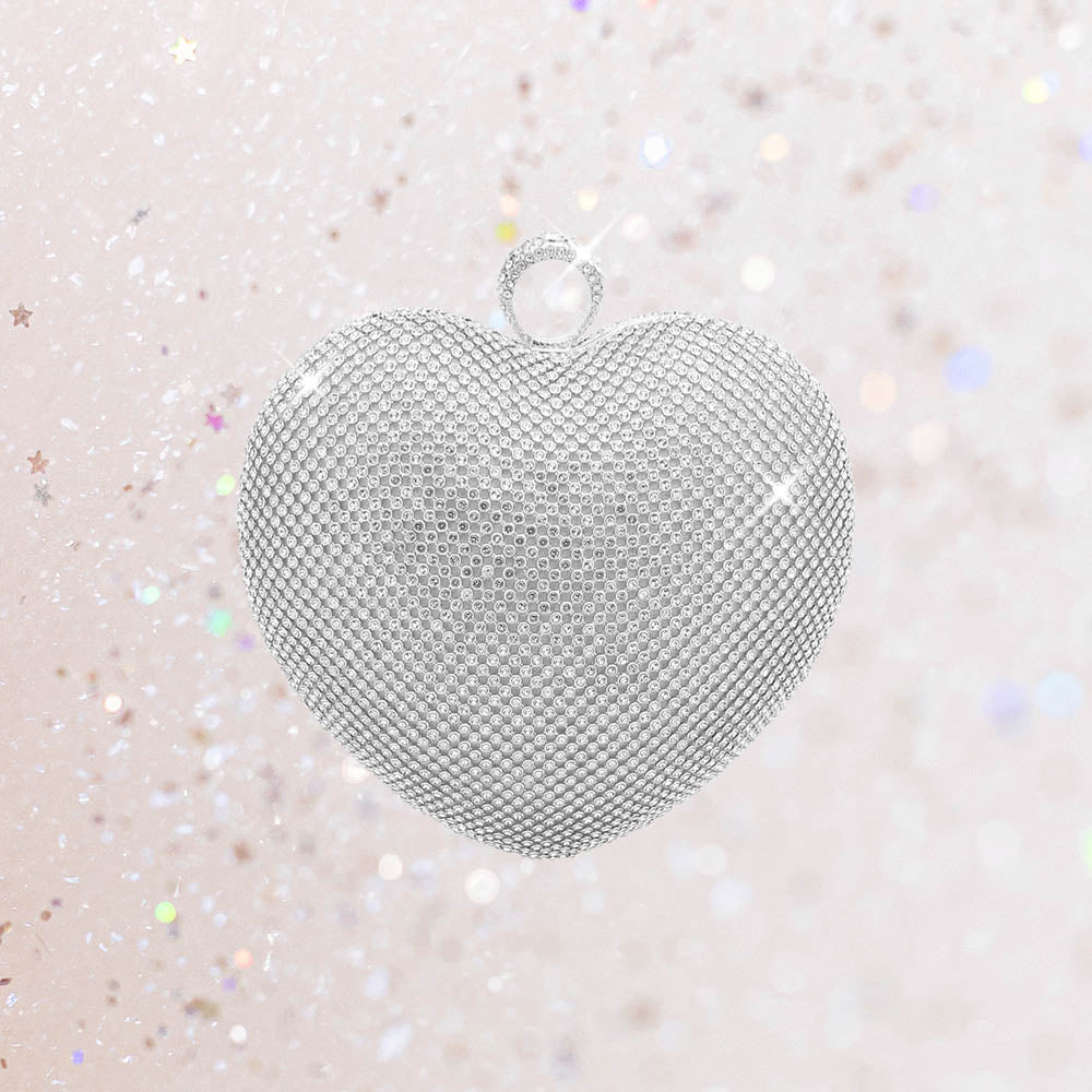 Madeline Love Rhodium Rhinestone Embellished Heart Evening Clutch Crossbody Bag - Bags & Wallets