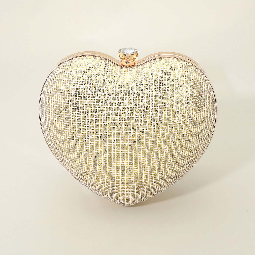 Madeline Love Gold Bling Studded Heart Shaped Evening Clutch Crossbody Bag - Bags & Wallets