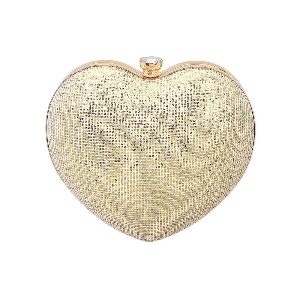 Madeline Love Gold Bling Studded Heart Shaped Evening Clutch Crossbody Bag - Bags & Wallets - desc