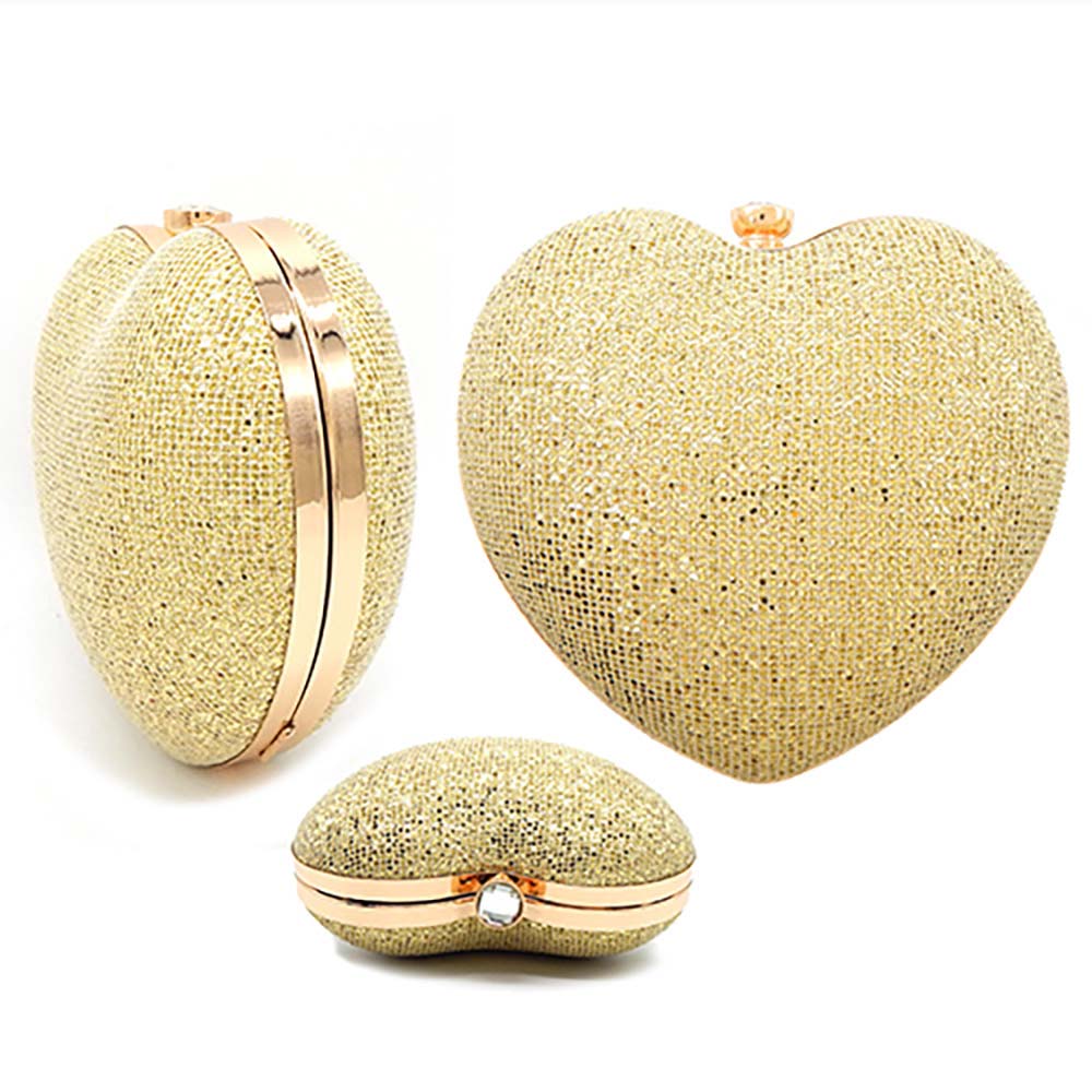 Madeline Love Gold Bling Studded Heart Shaped Evening Clutch Crossbody Bag - Bags & Wallets - extra