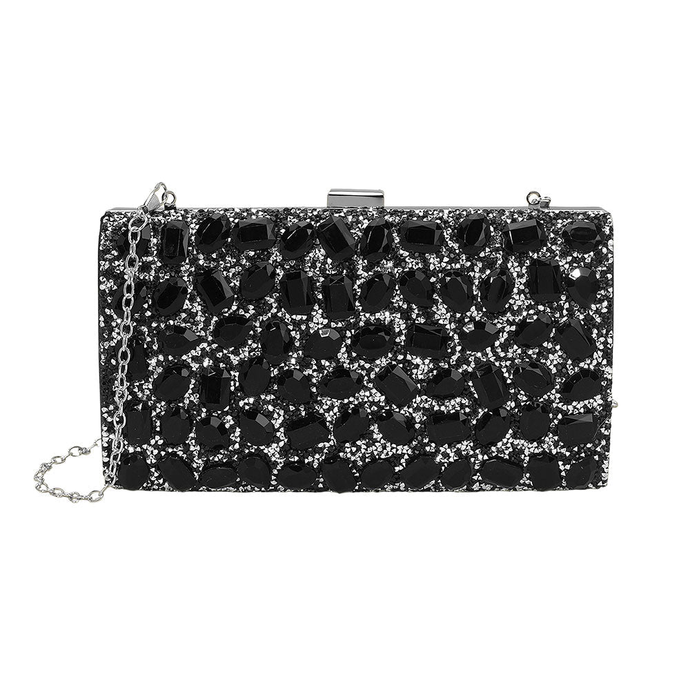 Madeline Love Black Faceted Stone Embellished Evening Clutch Bag - Bags & Wallets - desc