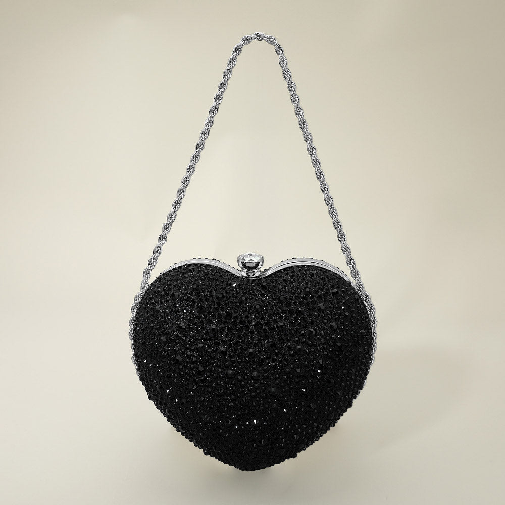 Madeline Love Black Rhinestone Studded Heart Shaped Evening Clutch Crossbody Bag - Bags & Wallets
