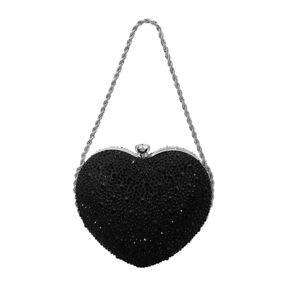 Madeline Love Black Rhinestone Studded Heart Shaped Evening Clutch Crossbody Bag - Bags & Wallets - desc