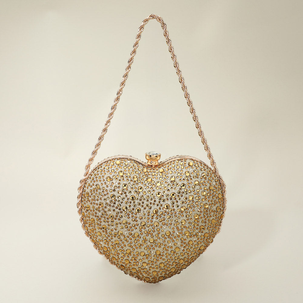 Madeline Love Gold Rhinestone Studded Heart Shaped Evening Clutch Crossbody Bag - Bags & Wallets