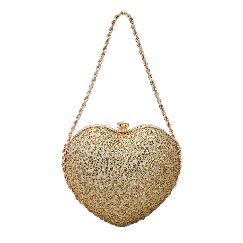 Madeline Love Gold Rhinestone Studded Heart Shaped Evening Clutch Crossbody Bag - Bags & Wallets - desc