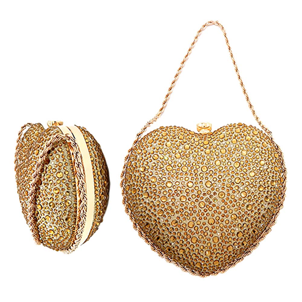 Madeline Love Gold Rhinestone Studded Heart Shaped Evening Clutch Crossbody Bag - Bags & Wallets - extra