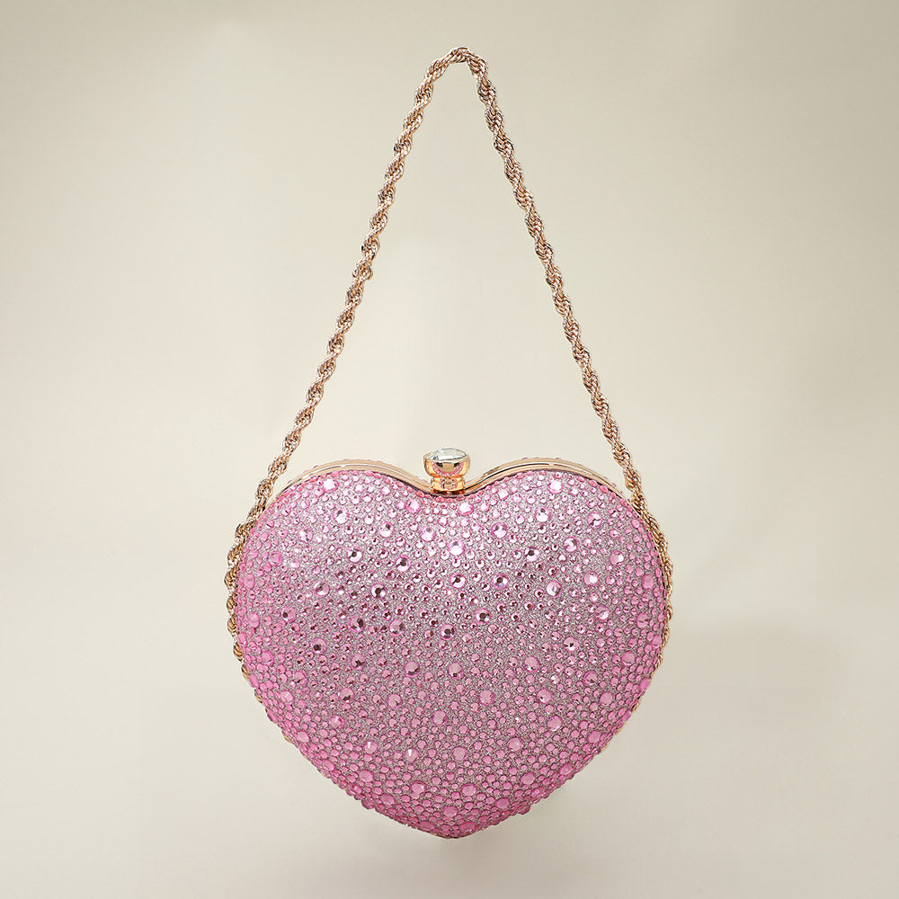 Madeline Love Pink Rhinestone Studded Heart Shaped Evening Clutch Crossbody Bag - Bags & Wallets