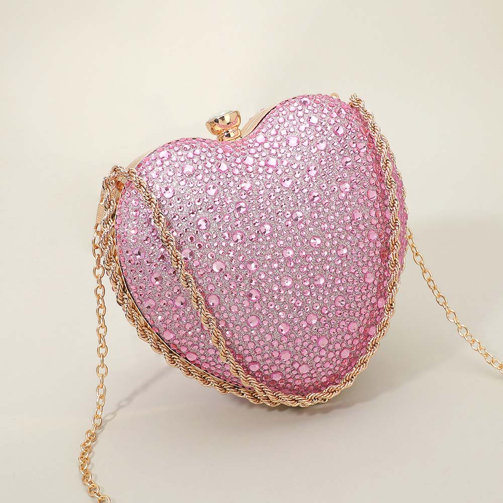 Madeline Love Pink Rhinestone Studded Heart Shaped Evening Clutch Crossbody Bag - Bags & Wallets - extra