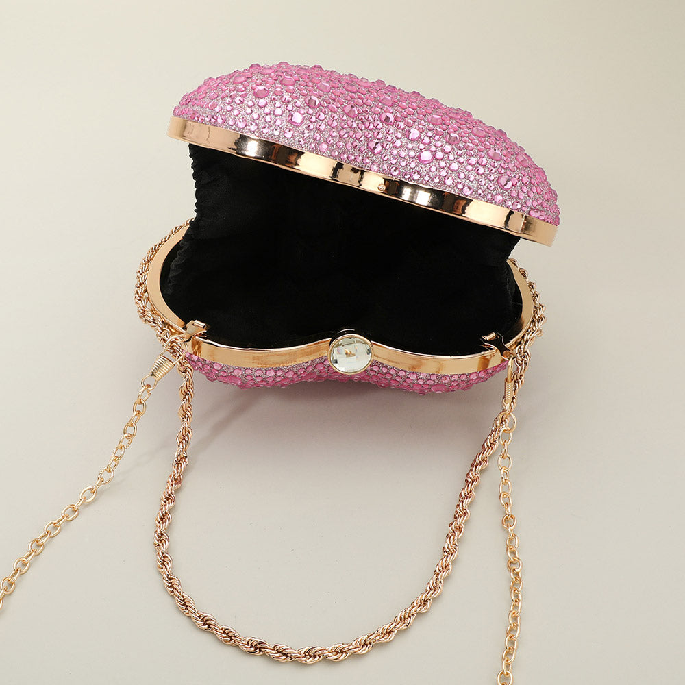 Madeline Love Pink Rhinestone Studded Heart Shaped Evening Clutch Crossbody Bag - Bags & Wallets - extra