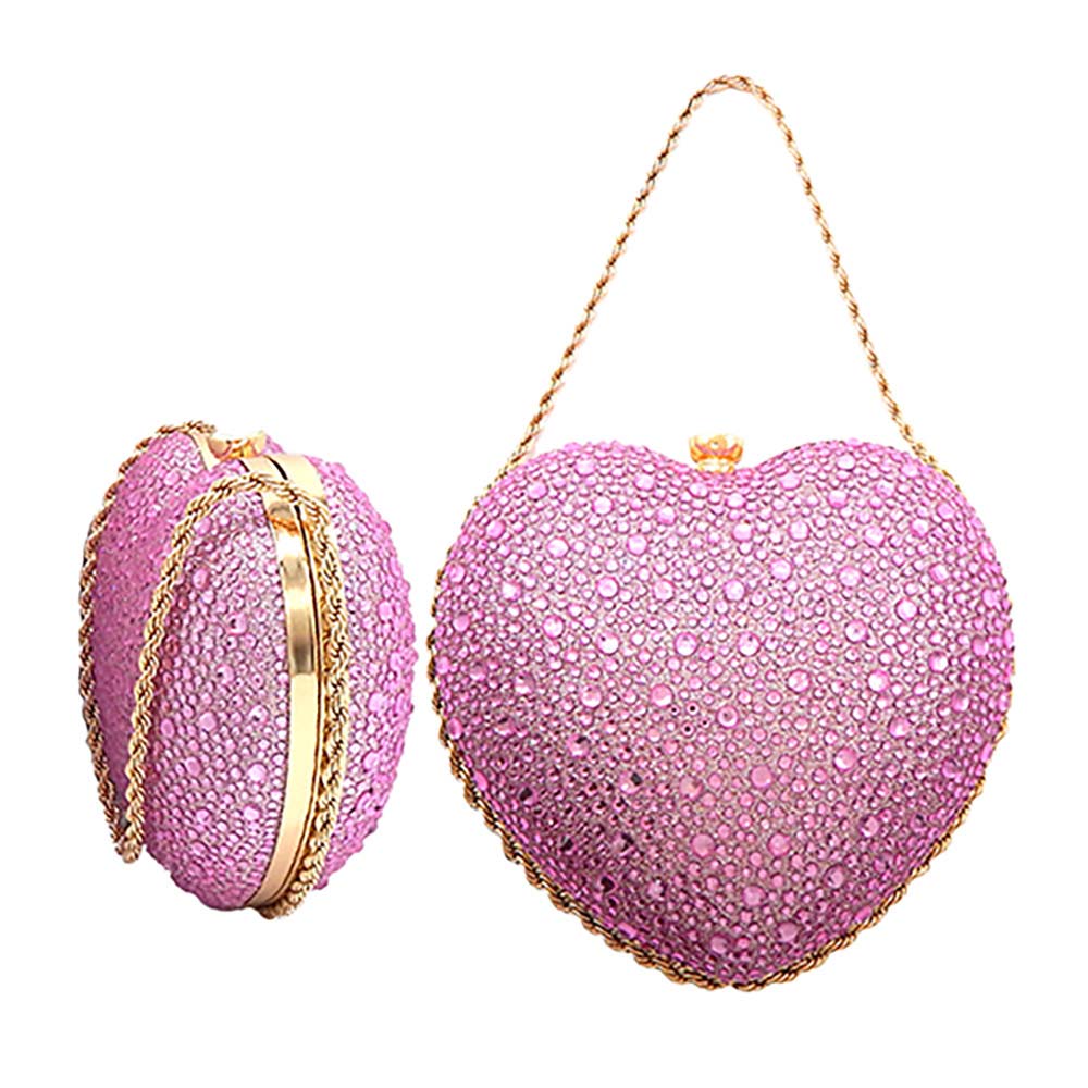 Madeline Love Pink Rhinestone Studded Heart Shaped Evening Clutch Crossbody Bag - Bags & Wallets - extra