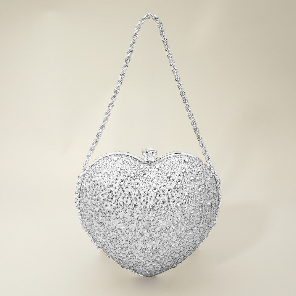 Madeline Love Silver Rhinestone Studded Heart Shaped Evening Clutch Crossbody Bag - Bags & Wallets