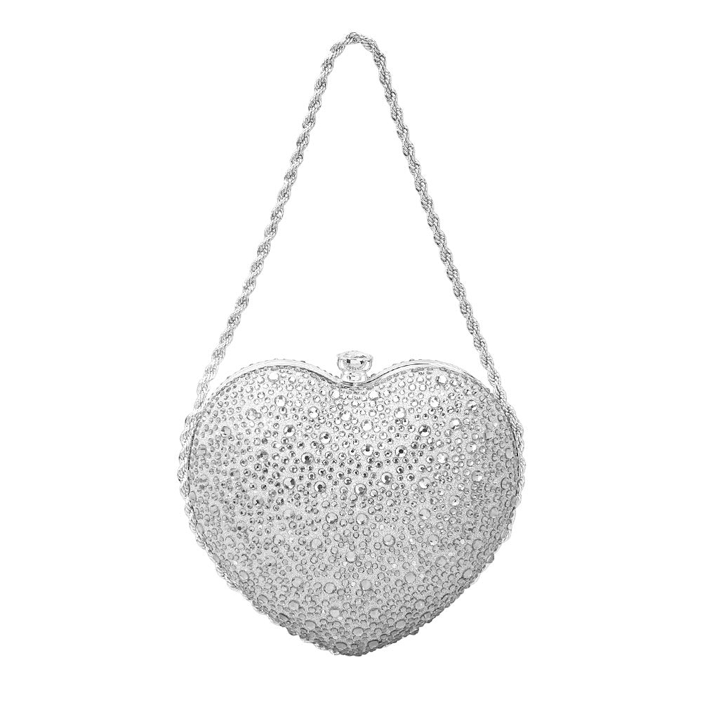 Madeline Love Silver Rhinestone Studded Heart Shaped Evening Clutch Crossbody Bag - Bags & Wallets - desc