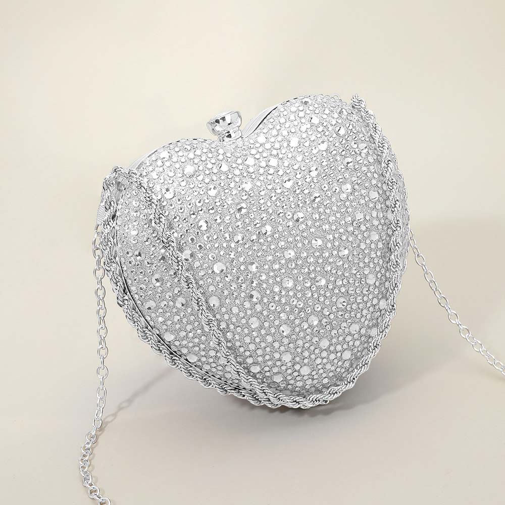 Madeline Love Silver Rhinestone Studded Heart Shaped Evening Clutch Crossbody Bag - Bags & Wallets - extra