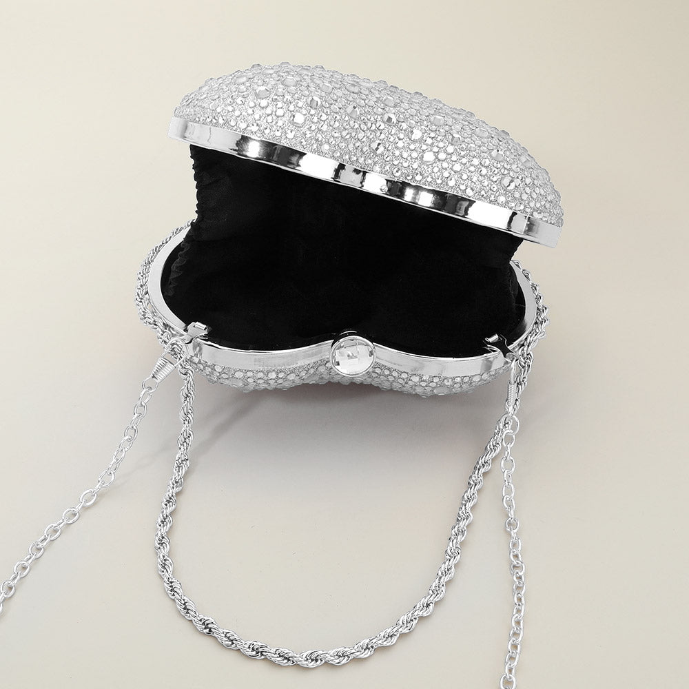 Madeline Love Silver Rhinestone Studded Heart Shaped Evening Clutch Crossbody Bag - Bags & Wallets - extra