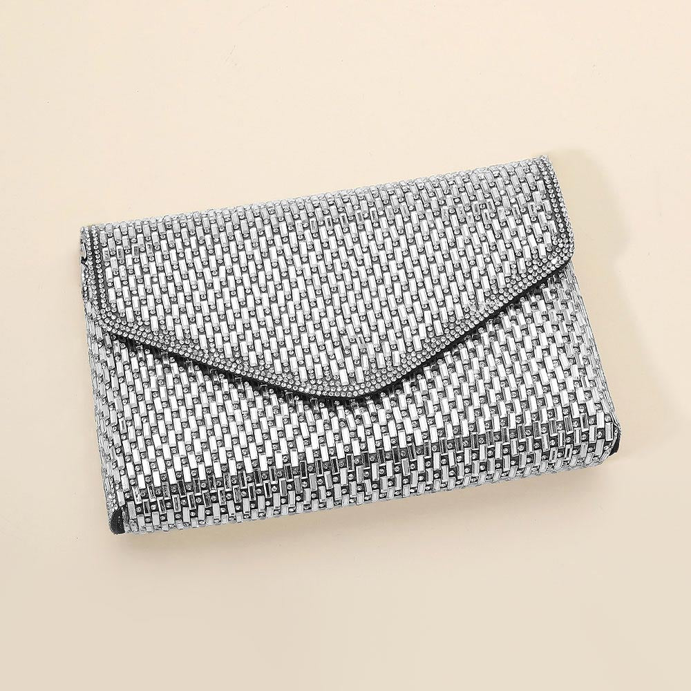 Madeline Love Black Elegant Baguette Round Stone Bling Studded Envelope Evening Clutch Crossbody Bag - Bags & Wallets - desc
