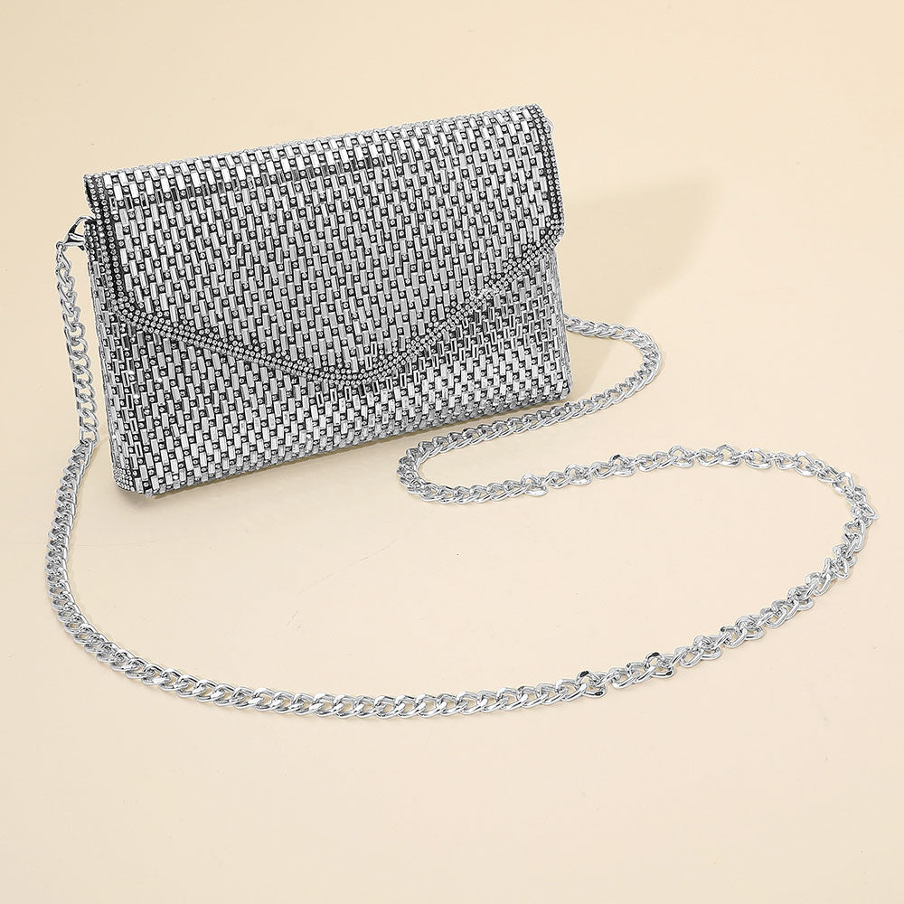 Madeline Love Black Elegant Baguette Round Stone Bling Studded Envelope Evening Clutch Crossbody Bag - Bags & Wallets - extra