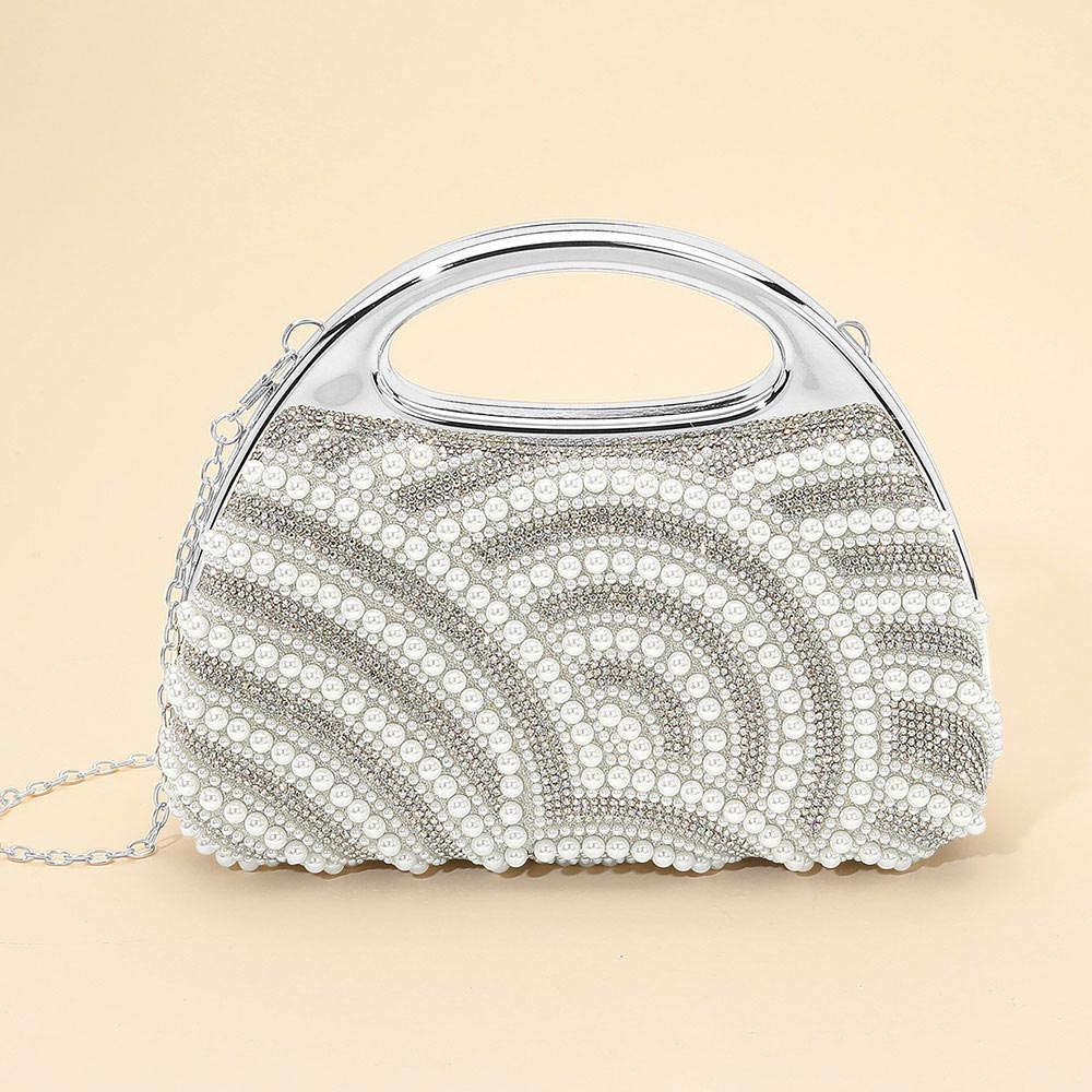 Madeline Love Silver Pearl Rhinestone Embellished Evening Clutch Crossbody Bag - Bags & Wallets