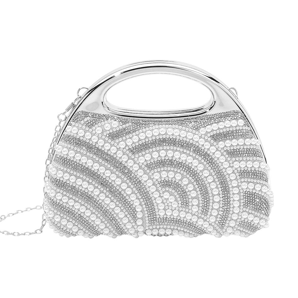 Madeline Love Silver Pearl Rhinestone Embellished Evening Clutch Crossbody Bag - Bags & Wallets - desc