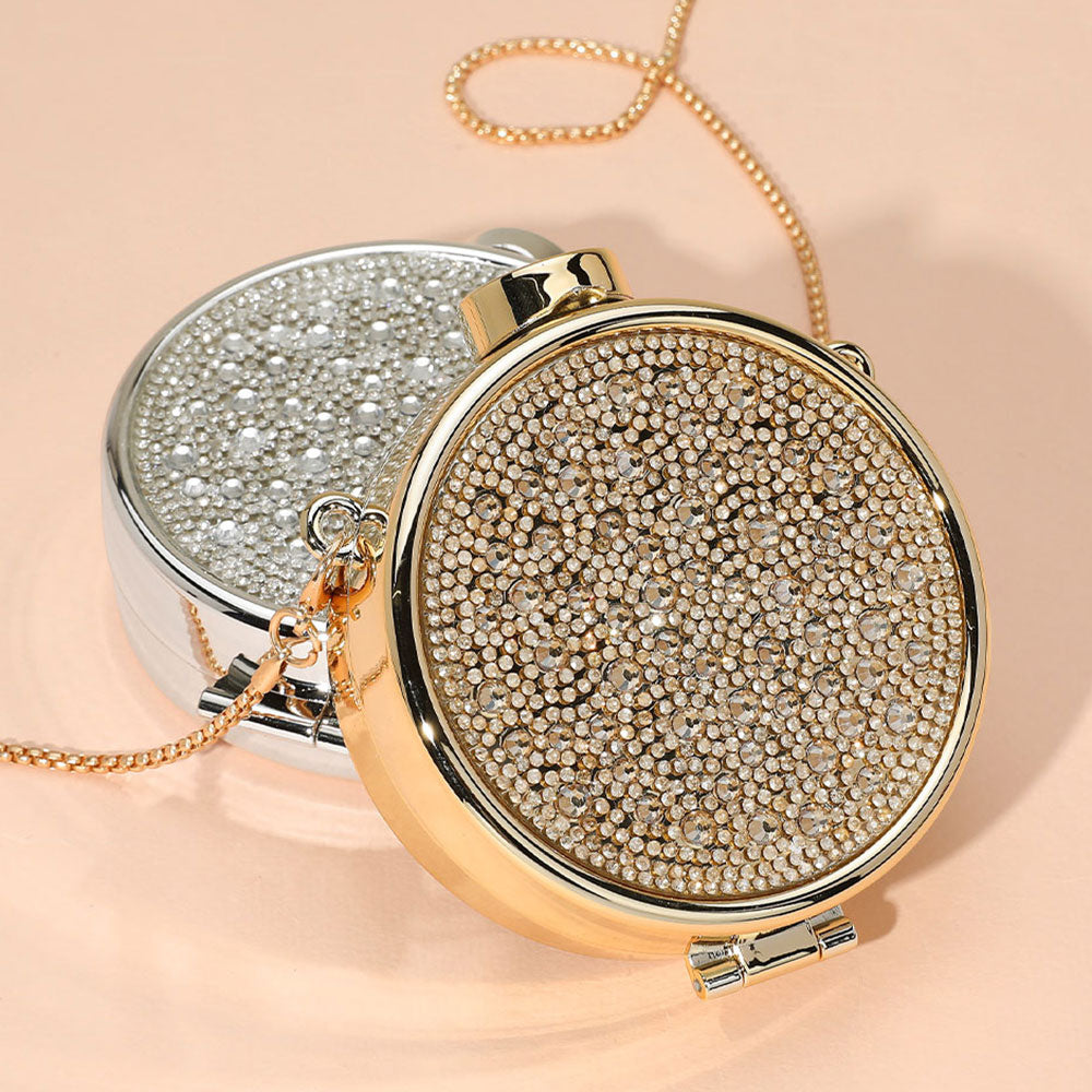 Madeline Love Gold Bling Studded Round Compact Clutch Evening Bag / Crossbody Bag - Bags & Wallets