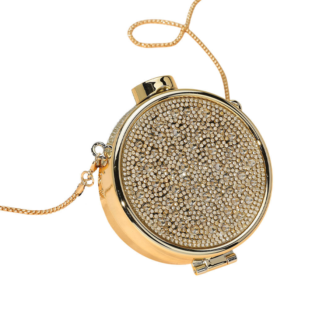 Madeline Love Gold Bling Studded Round Compact Clutch Evening Bag / Crossbody Bag - Bags & Wallets - desc