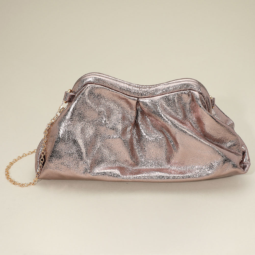 Madeline Love Gray Metallic Pleated Frame Clutch Evening Bag / Crossbody Bag - Bags & Wallets
