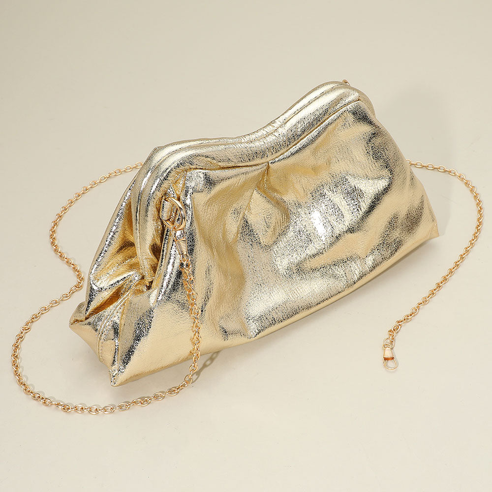 Madeline Love Gray Metallic Pleated Frame Clutch Evening Bag / Crossbody Bag - Bags & Wallets - extra