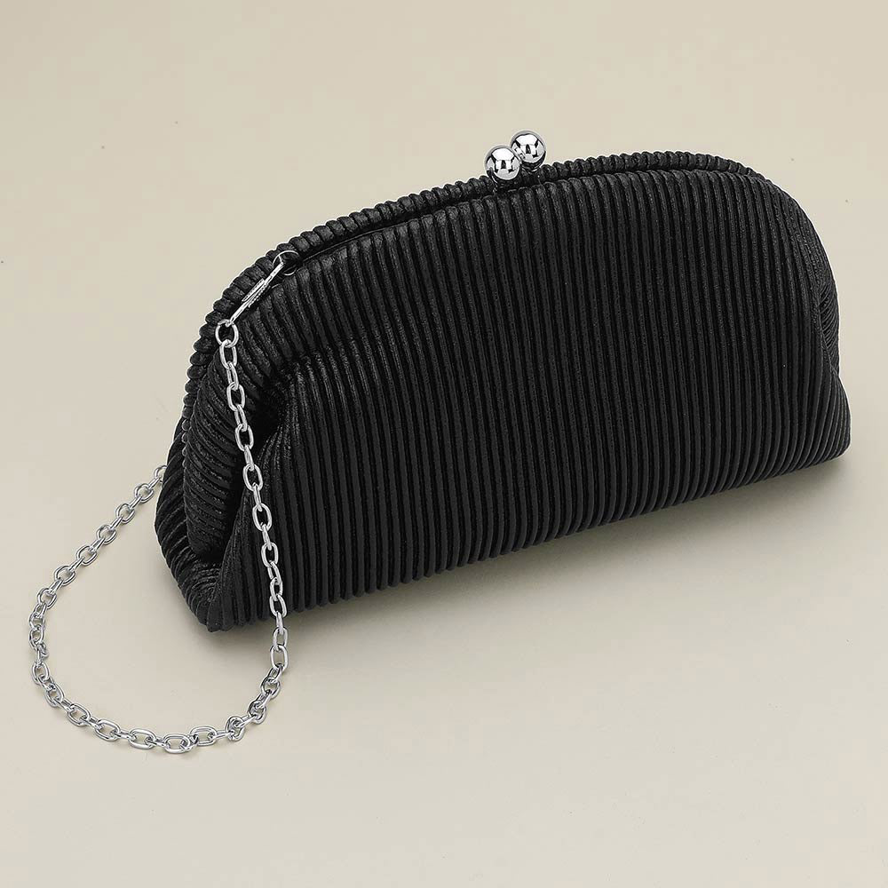 Madeline Love Black Faux Leather Metallic Pleated Half Moon Shape Evening Clutch Crossbody Bag - Bags & Wallets
