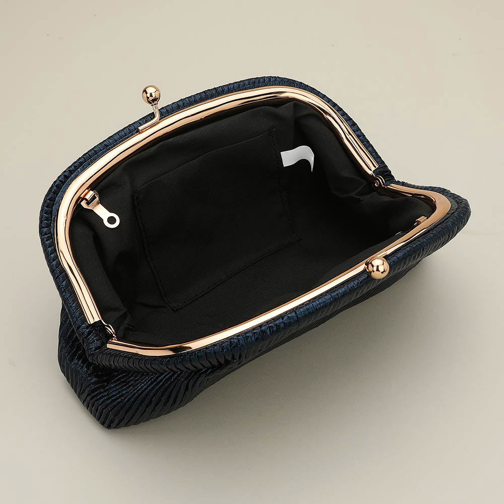 Madeline Love Black Faux Leather Metallic Pleated Half Moon Shape Evening Clutch Crossbody Bag - Bags & Wallets - extra