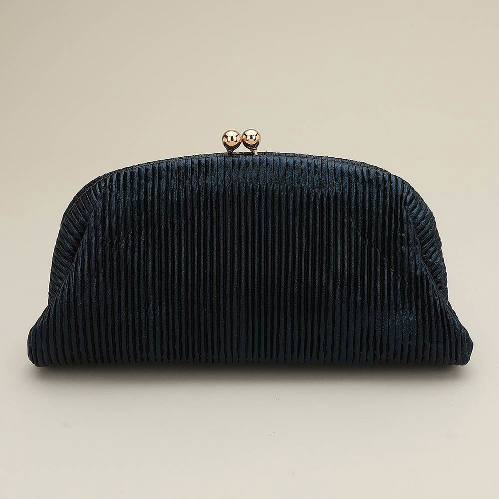 Madeline Love Black Faux Leather Metallic Pleated Half Moon Shape Evening Clutch Crossbody Bag - Bags & Wallets - extra